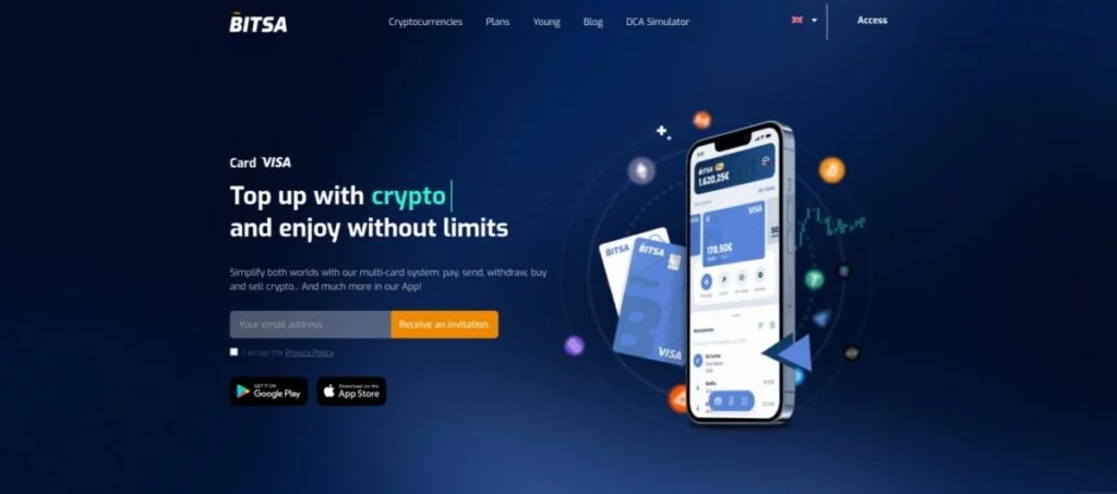 Screenshot of Bitsa's website showcasing their Crypto Debit Card, spotlighting features like crypto top-up and unlimited use. A smartphone displaying the Bitsa app is shown alongside the card.