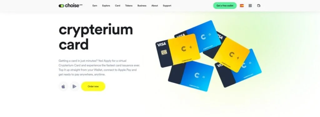 Website banner advertising the Crypterium Crypto Debit Card, featuring several images of cards and offering a link to order, with navigation options at the top.