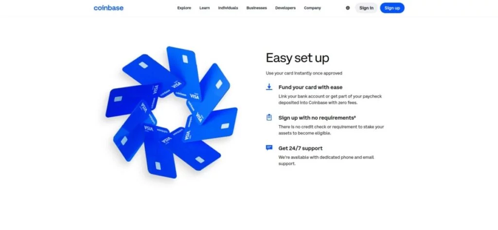 Coinbase webpage showing steps for easy account setup, including funding the account, verifying identity, and accessing 24/7 support. The page features blue arrow graphics forming a circular pattern and provides details on using a crypto debit card for effortless transactions.