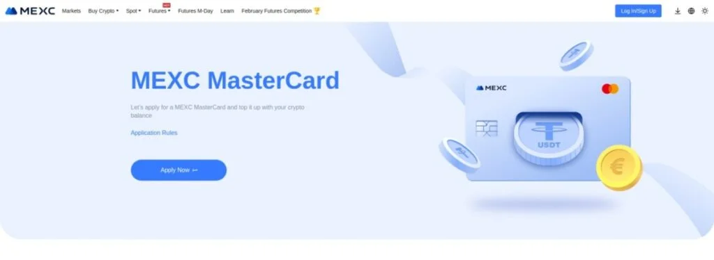 A promotional banner for the MEXC Crypto Debit Card, featuring a card with a cryptocurrency symbol and coins. The banner includes options for applying and viewing application rules.