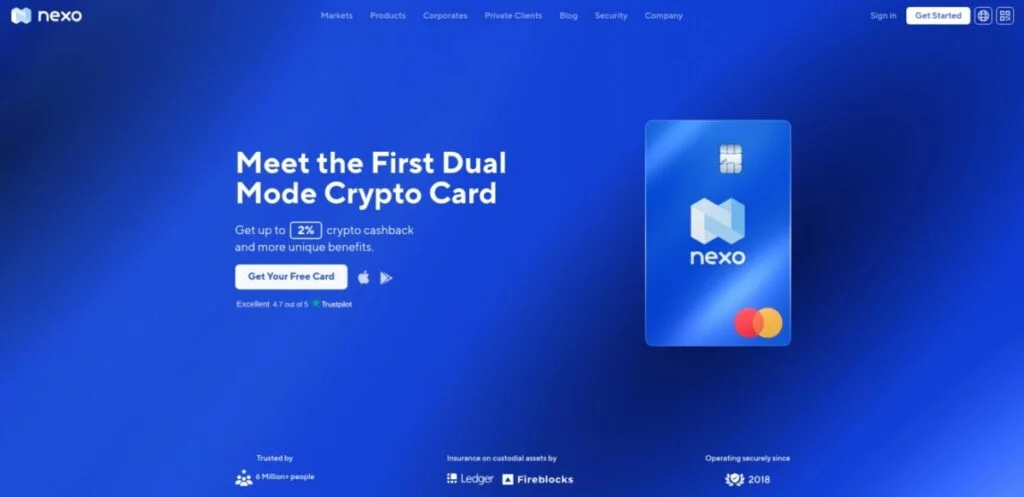 A webpage for Nexo promoting their dual mode Crypto Debit Card offering up to 2% crypto cashback. The page includes options to get a free card and highlights security features and trusted partnerships.