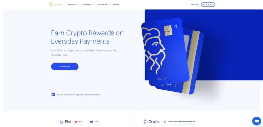 A webpage promoting Plutus, featuring a Crypto Debit Card for earning cryptocurrency rewards on everyday payments. Includes options to order the card and join their Discord for updates.