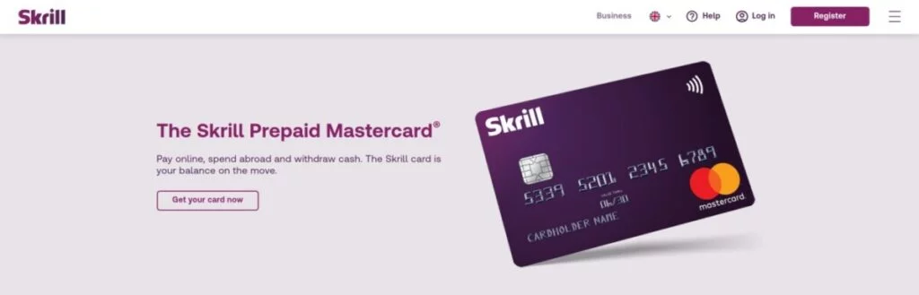Promotional banner for the Skrill Prepaid Mastercard and Crypto Debit Card. Features an image of the cards and text promoting their online, international, and cash withdrawal capabilities. Includes buttons for getting the card.