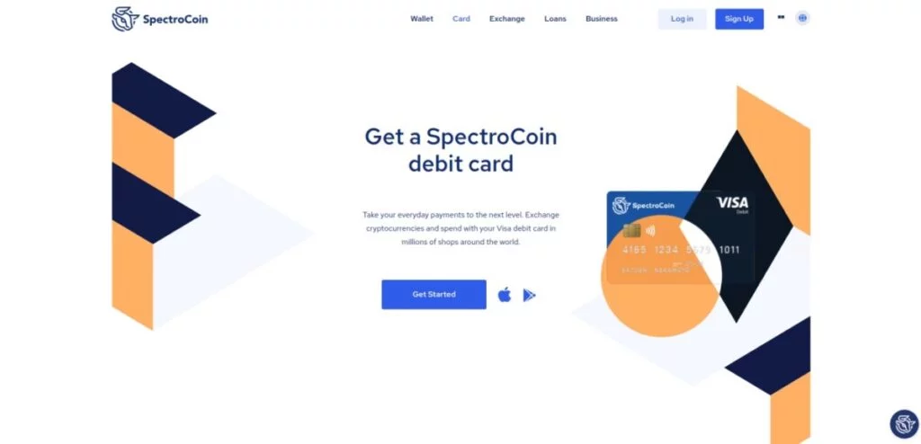 Screenshot of SpectroCoin's website featuring a promotion for their Crypto Debit Card. The page includes navigation links for Wallet, Card, Exchange, Loans, Business, and options to log in or sign up, plus a Get Started button.