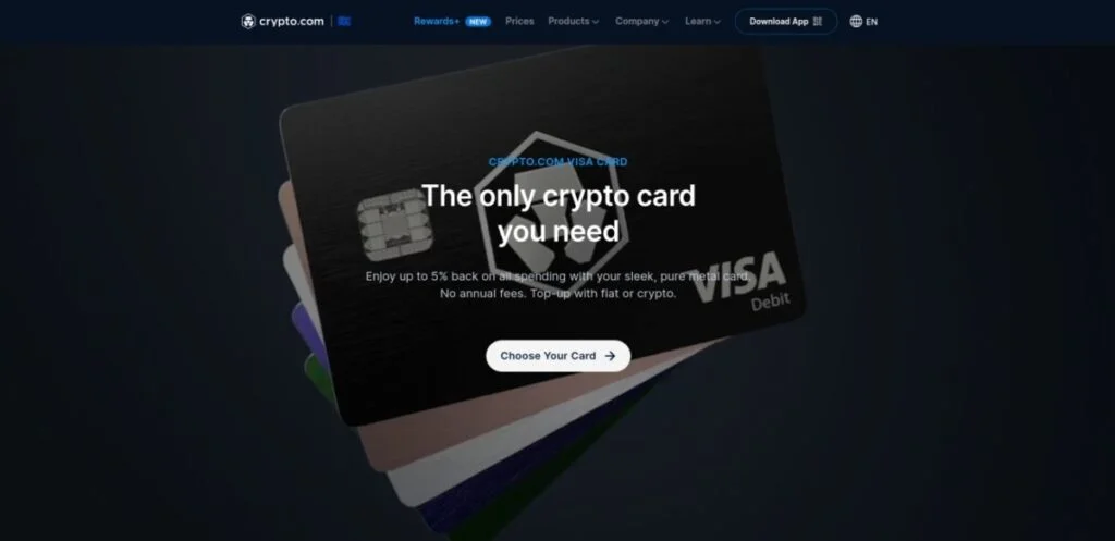 A promotional image for crypto.com featuring a sleek Crypto Debit Card with the text "The only crypto card you need" and a button labeled "Choose Your Card." Various card colors are displayed in the background.