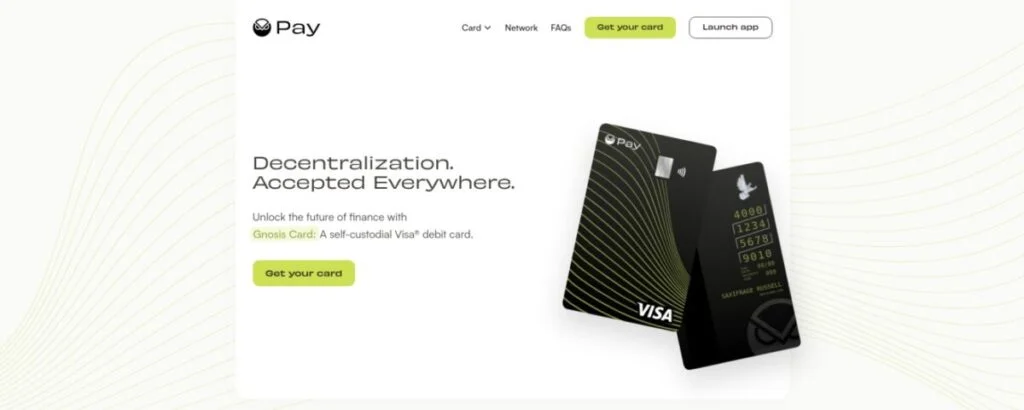 Advertisement for Gnosis Card, a self-custodial Visa crypto debit card, featuring two sleek black debit cards with the tagline "Decentralization. Accepted Everywhere." and buttons to get the card or launch the app.