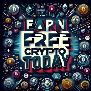 Graphic with various cryptocurrency logos surrounding bold text that reads "EARN FREE CRYPTO TODAY" in a retro style, inviting you to discover how you can earn free crypto effortlessly.