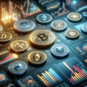 An array of cryptocurrency coins such as Bitcoin, Ethereum, and others are displayed overlaid on a digital interface with charts, graphs, and data analytics from crypto portfolio trackers, depicting a dynamic financial market scene.