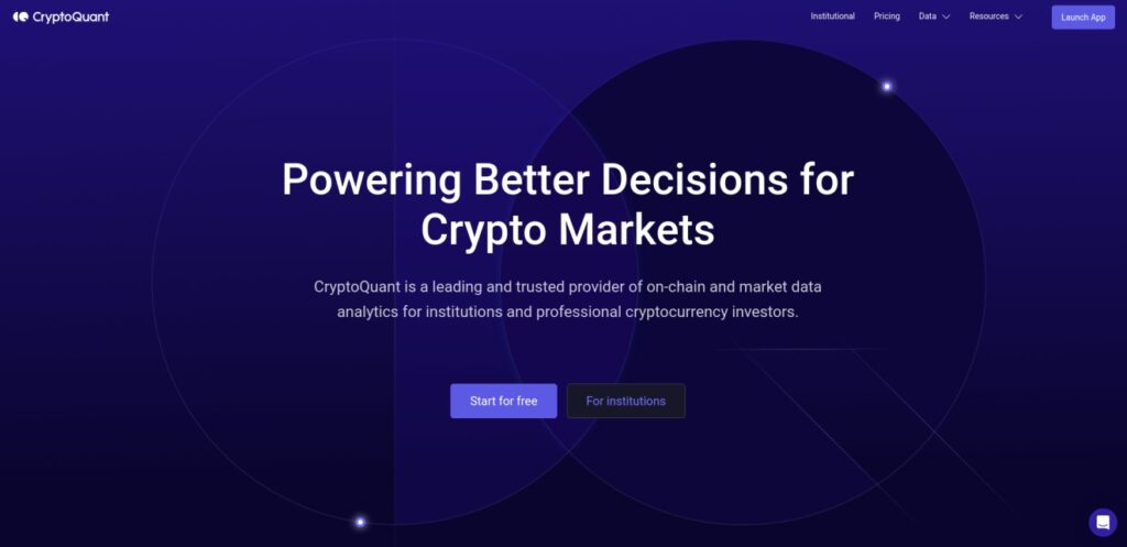 CryptoQuant website homepage with the headline "Powering Better Decisions for Crypto Markets," offering data analytics for cryptocurrency investors. There are two buttons: "Start for free" and "For institutions.