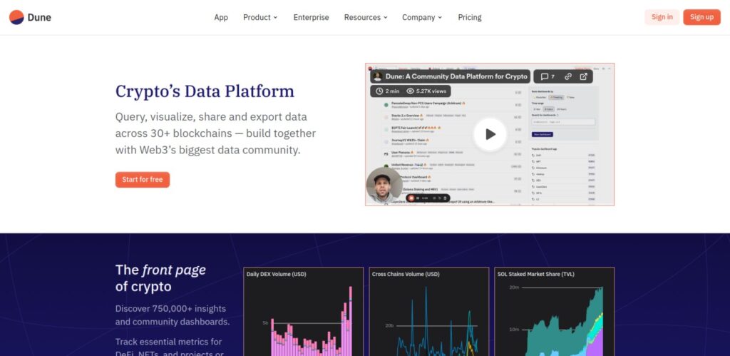 Screenshot of Dune Analytics' website featuring a video thumbnail about "Crypto's Data Platform." The page promotes crypto data analysis with visual tools and has a call-to-action button labeled "Start for free.