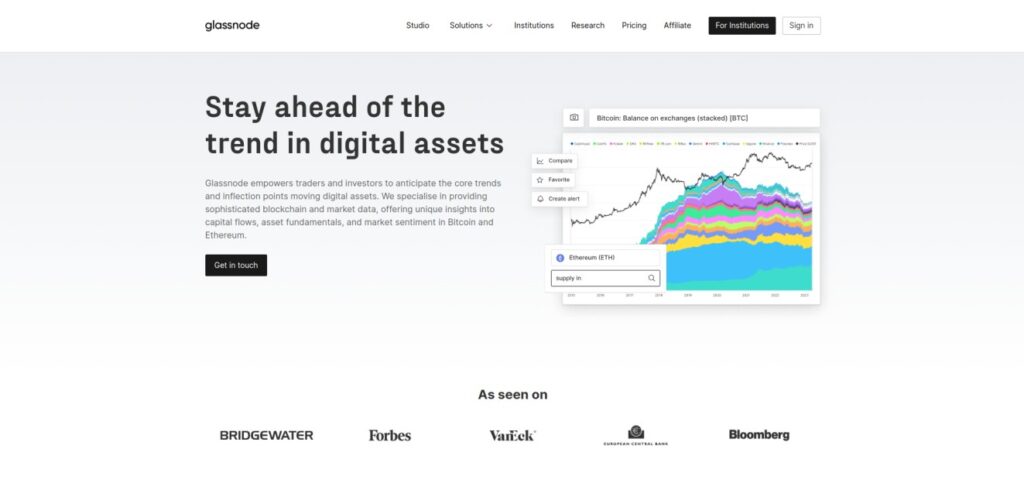Glassnode website homepage featuring a chart related to Bitcoin. The site offers insights and tools for digital asset trends. Logos of media appearances are shown at the bottom.