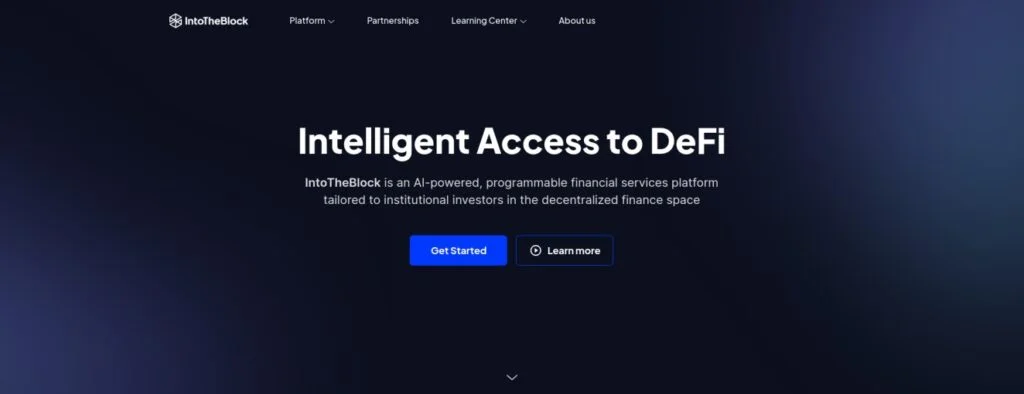 Screenshot of the IntoTheBlock homepage with a dark gradient background. The text reads "Intelligent Access to DeFi" and describes the platform as an AI-powered financial services platform for institutional investors. There are "Get Started" and "Learn More" buttons below the text.