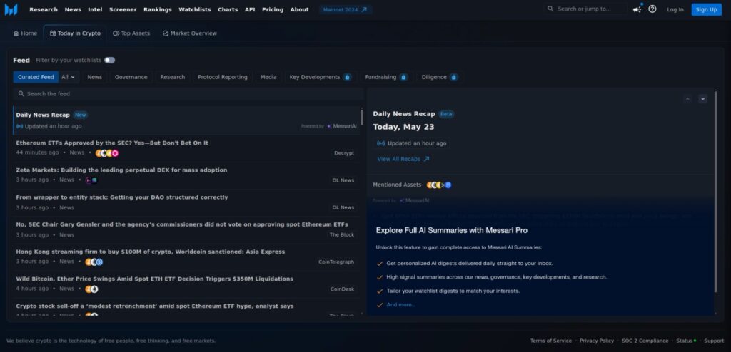 A screenshot of a financial news and research website with a feed displaying various cryptocurrency news articles and updates on May 23. The site includes menus for different sections and a sign-up button.