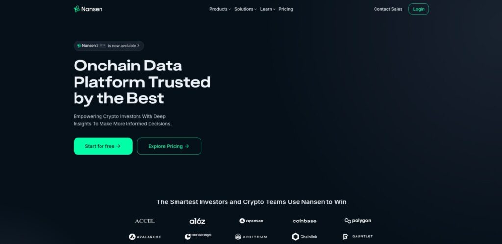 Screenshot of Nansen homepage displaying the headline "Onchain Data Platform Trusted by the Best" with options to explore pricing or get started. There are also logos of various companies displayed at the bottom.