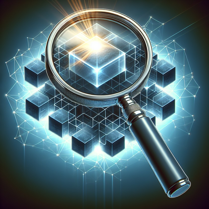 A magnifying glass inspecting a glowing 3D block structure composed of interconnected cubes, symbolizing advanced onchain analysis tools and their role in modern data analysis or blockchain technology.