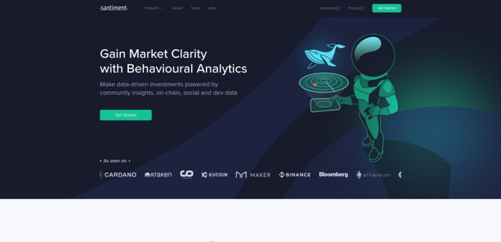 Screenshot of the Santiment website homepage featuring a headline that reads, "Gain Market Clarity with Behavioural Analytics," and mentions various data sources and partnerships including Cardano and Binance.