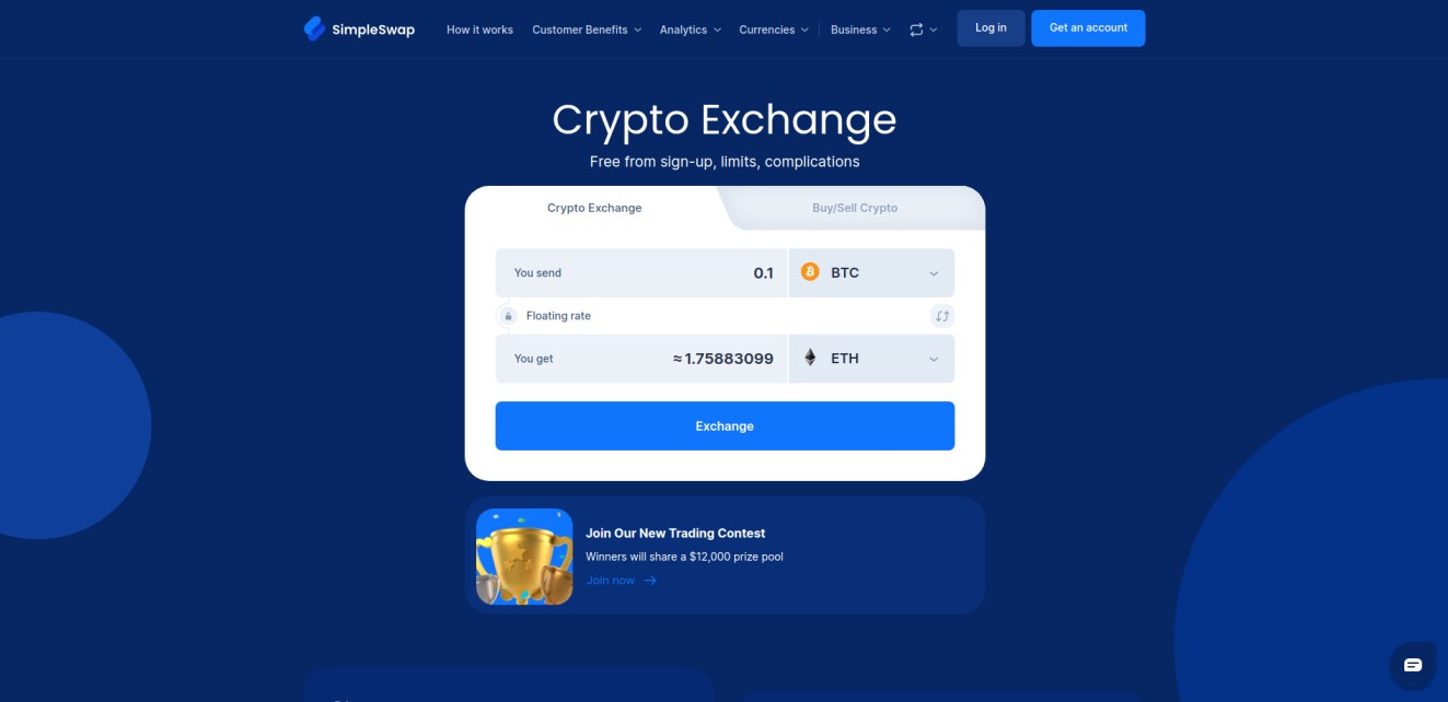 SimpleSwap Crypto Exchange webpage showing Bitcoin to Ethereum conversion details, a floating rate option, and an "Exchange" button.