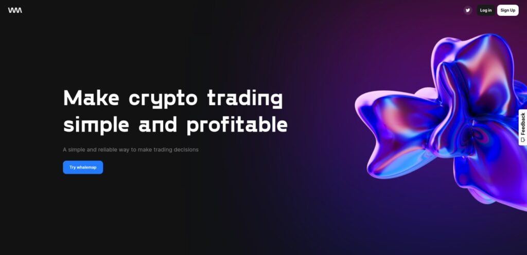 Website homepage advertising a crypto trading platform with a tagline "Make crypto trading simple and profitable" and a button labeled "Try with temp." The background features a colorful, abstract 3D shape.