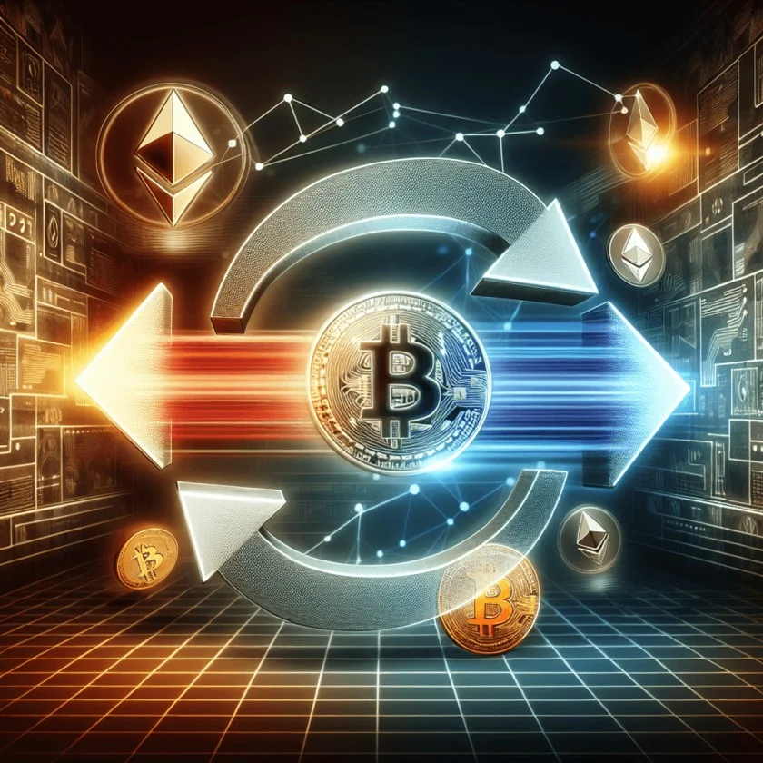 Visual representation of an instant crypto exchange between Bitcoin and Ethereum, showcasing fast digital asset swaps with blockchain technology icons. Ideal for illustrating secure and efficient cryptocurrency transactions.