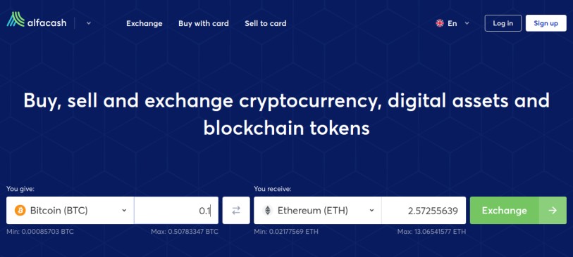 AlfaCash exchange displaying BTC to ETH exchange rate for 0.1 BTC with crypto exchange options.