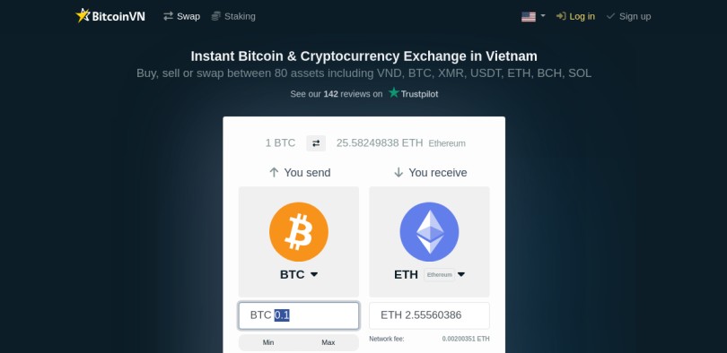 BitcoinVN exchange platform displaying a BTC to ETH conversion rate for 0.1 BTC with floating rate options.