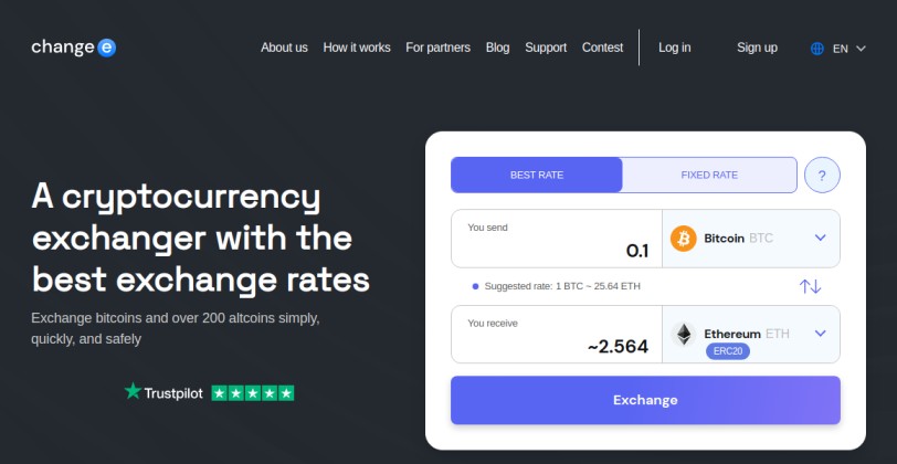 Changee platform showing BTC to ETH conversion rate for 0.1 BTC with floating and fixed rate options.