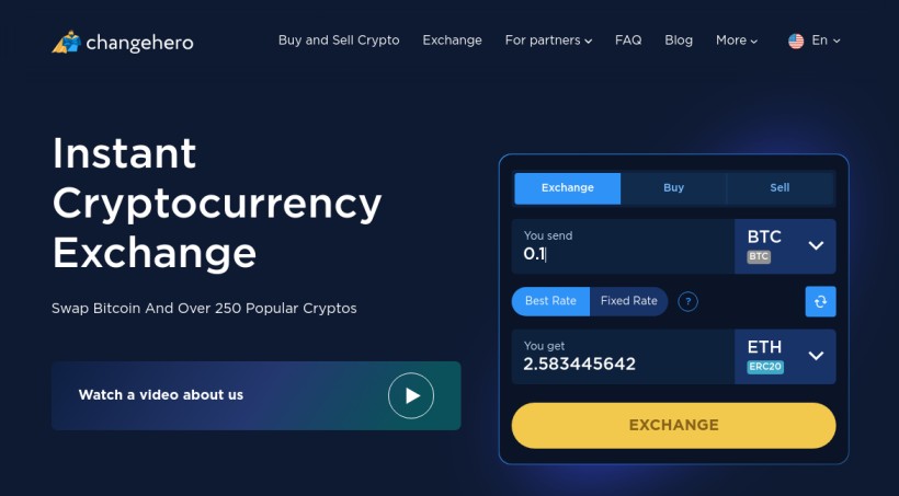 ChangeHero exchange displaying BTC to ETH swap rate for 0.1 BTC with fixed and best rate options.