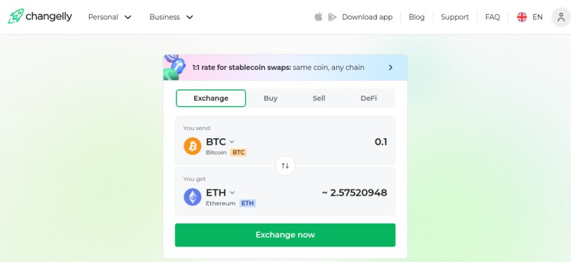 Changelly exchange platform showcasing BTC to ETH swap rate for 0.1 BTC with floating rate details.