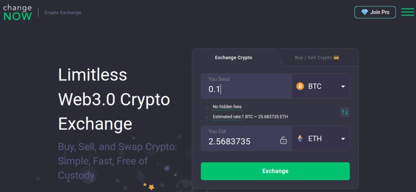 ChangeNOW platform displaying BTC to ETH conversion rate for 0.1 BTC with floating rate details.