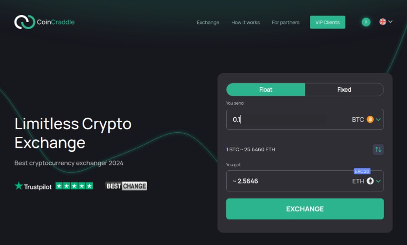 CoinCraddle exchange displaying BTC to ETH exchange rate for 0.1 BTC with floating and fixed rate options.