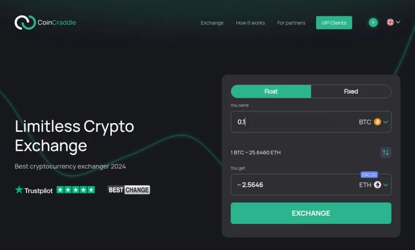 CoinCraddle exchange displaying BTC to ETH exchange rate for 0.1 BTC with floating and fixed rate options.