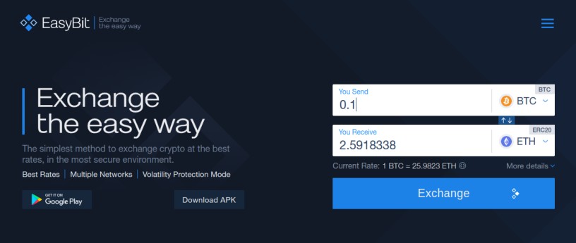 EasyBit exchange showing a BTC to ETH conversion rate for 0.1 BTC with floating rate information.