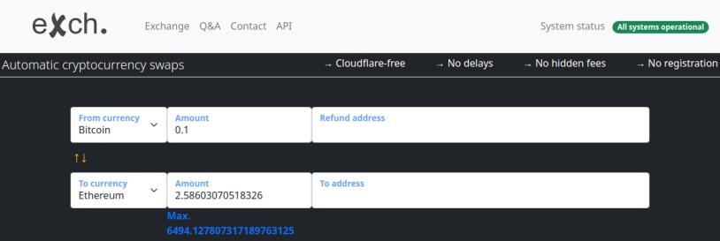 eXch.cx platform showcasing BTC to ETH conversion rate for 0.1 BTC with cloudflare-free and fee-free swapping.