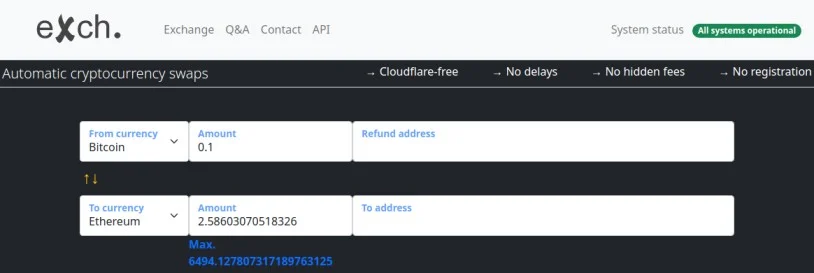 eXch.cx platform showcasing BTC to ETH conversion rate for 0.1 BTC with cloudflare-free and fee-free swapping.