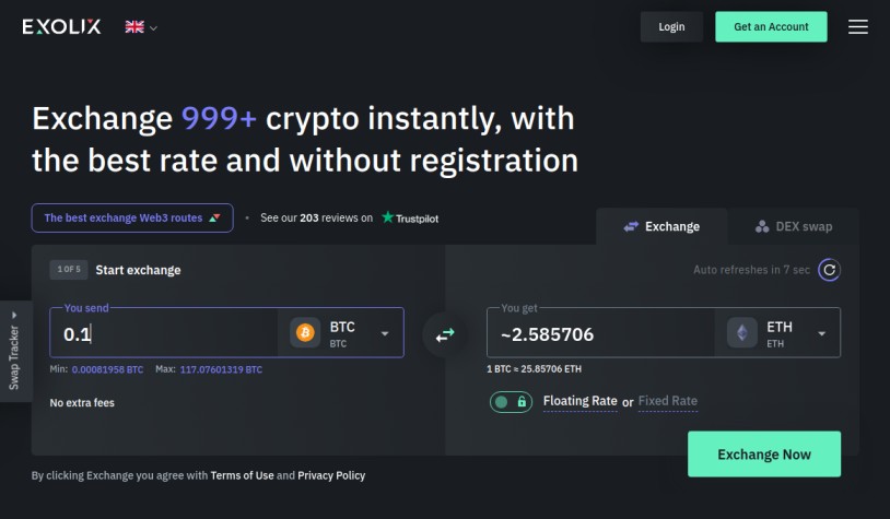 Exolix exchange displaying a BTC to ETH swap rate for 0.1 BTC with instant and registration-free options.