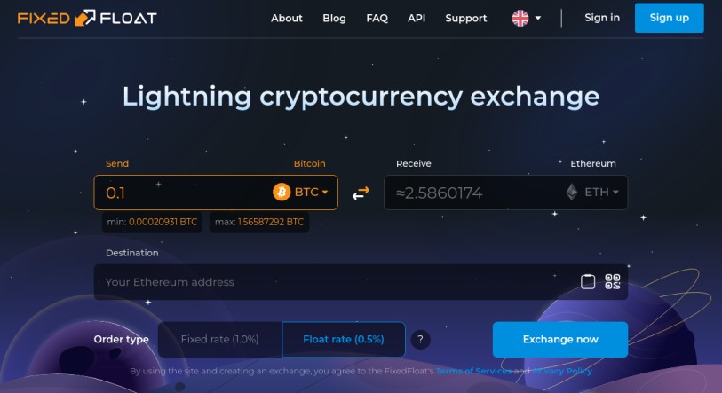 FixedFloat exchange showing a BTC to ETH conversion rate for 0.1 BTC with floating and fixed rate options.