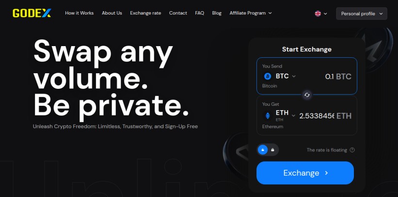 Godex exchange displaying the BTC to ETH swap rate for 0.1 BTC with a floating rate option.