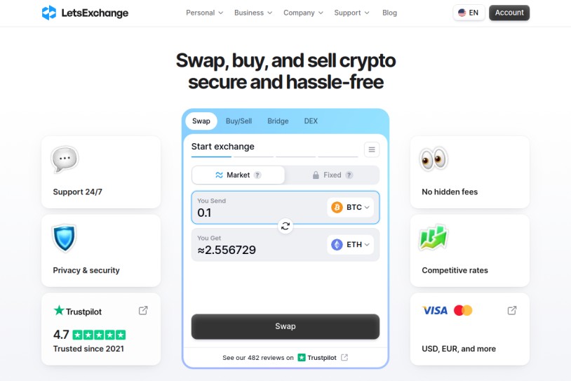 LetsExchange platform showing the BTC to ETH exchange rate for 0.1 BTC with market and fixed rate choices.