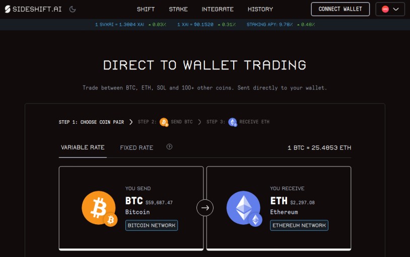 SideShift.ai exchange presenting a BTC to ETH swap rate for 0.1 BTC with variable and fixed rate options.