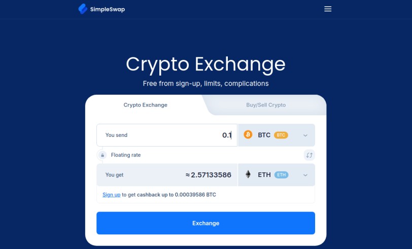 SimpleSwap platform displaying a BTC to ETH conversion rate for 0.1 BTC with floating rate details.