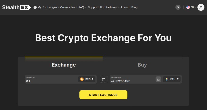 StealthEX exchange showing the BTC to ETH swap rate for 0.1 BTC with floating rate pricing.