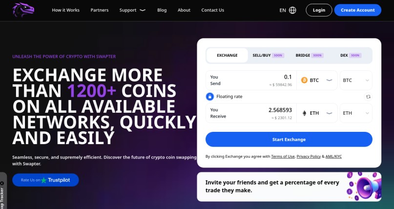 Swapter platform displaying BTC to ETH exchange rate for 0.1 BTC with floating rate information.