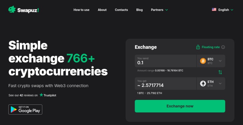 Swapuz platform showing a BTC to ETH swap rate for 0.1 BTC with floating rate details.