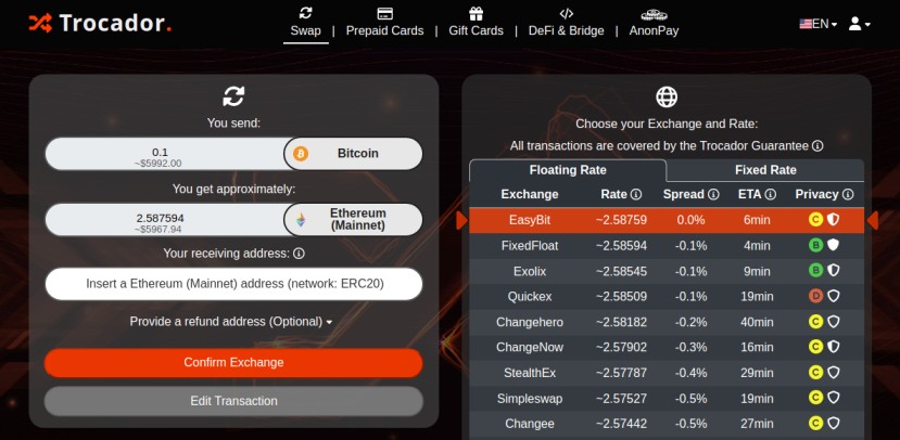 Trocador platform interface for swapping BTC to ETH, displaying multiple exchanges like EasyBit, FixedFloat, and Exolix. Comparative table with floating and fixed exchange rates, spreads, and estimated transaction times.