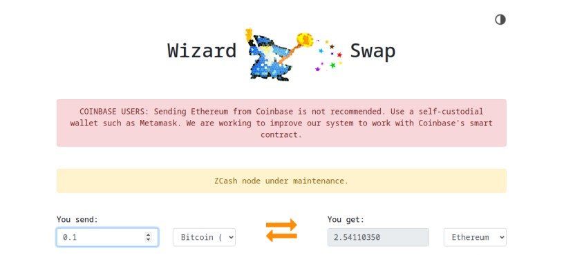 WizardSwap exchange displaying a BTC to ETH conversion rate for 0.1 BTC in a simple swap interface.