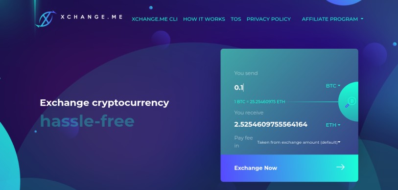 Xchange.me platform showcasing BTC to ETH conversion rate for 0.1 BTC with floating rate information.