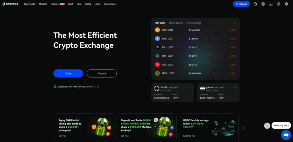 Phemex exchange homepage showcasing trading pairs and efficient crypto trading banner

