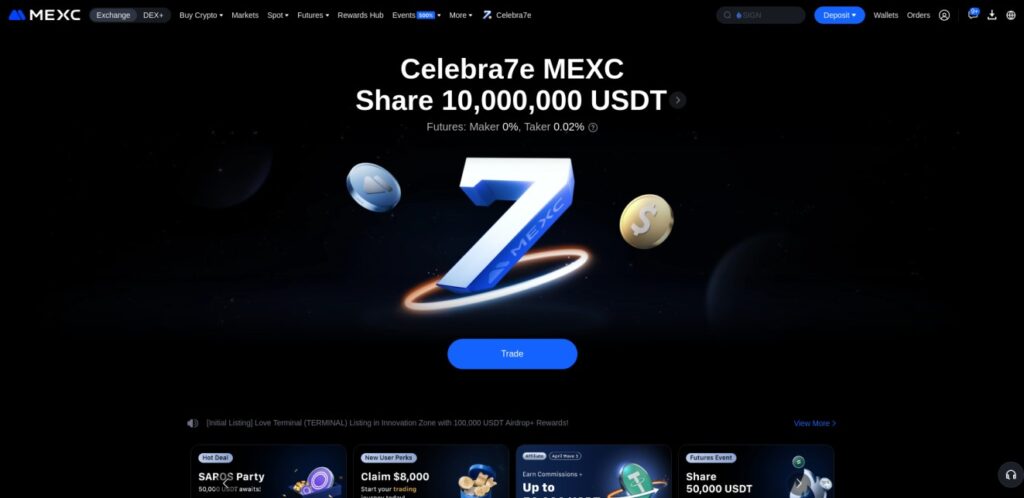 Homepage of MEXC crypto exchange in 2025 promoting a $10M USDT giveaway