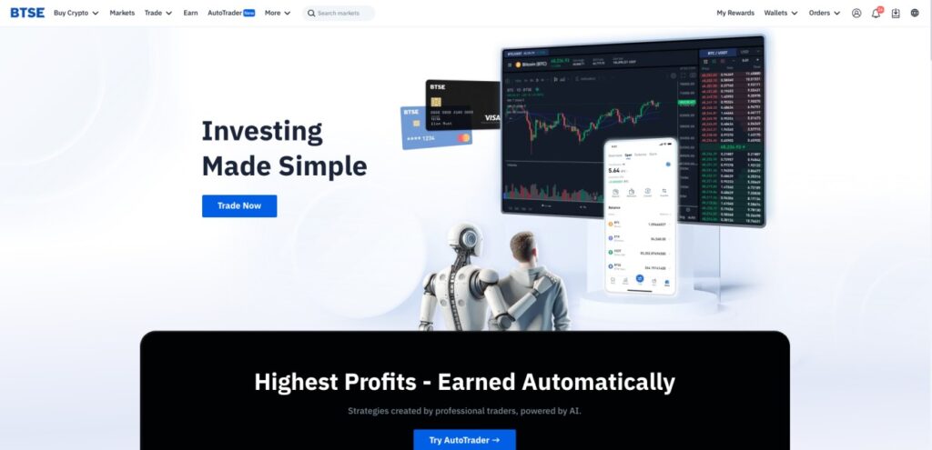 BTSE platform interface featuring trading dashboard and AI-powered AutoTrader tools