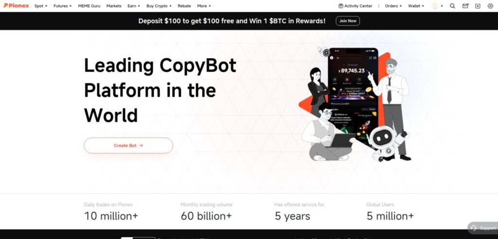 Pionex homepage highlighting its leading CopyBot trading automation platform